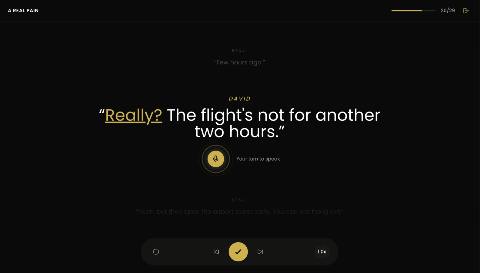 Line Echo rehearsal interface showing script dialogue with AI scene partner voices